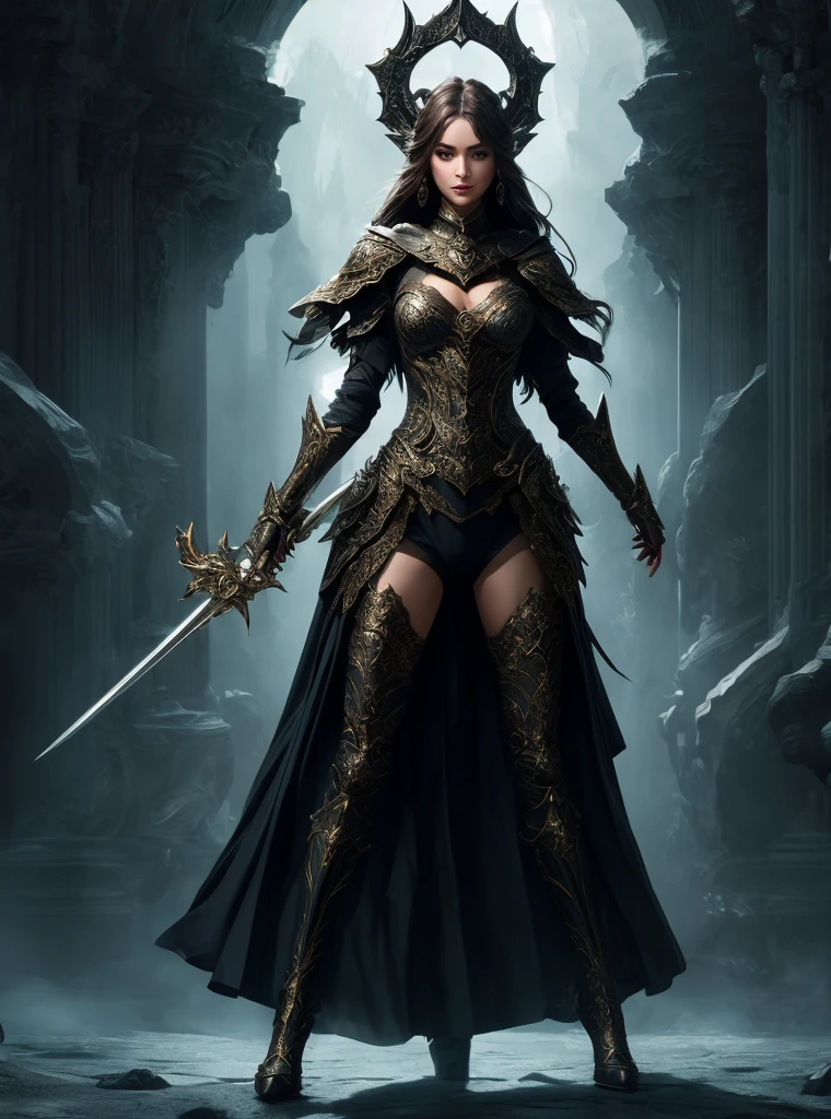 mysterious [girl|woman] in arcane [outfit|armor], long legs, wide stance, action pose, [elevate the quality to a professional level paying special attention to key features and details, craft images with sophisticated design and refined composition, exquisite attention to detail especially in obscure regions, strive for aesthetics and artistry, create stunning and highly detailed image, capture scenes with the highest possible resolution showcasing intricate details, aim for perfect depictions conveying exceptional depth and clarity, utilize soft lighting and shadows to highlight characteristic features, ensure crisp sharpness, apply deep and intense colors]