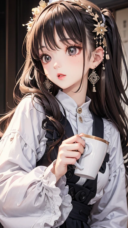 A young girl is holding a coffee cup in her hand, Girl cute beautiful face, Cute natural anime face, With a cute - lovely - face, sakimi chan, Chiho, Yoshitomo Nara, Young and pretty face, Beautiful Japanese girl face, Brown hair and big eyes, pretty girl, Beautiful light、Big eyes