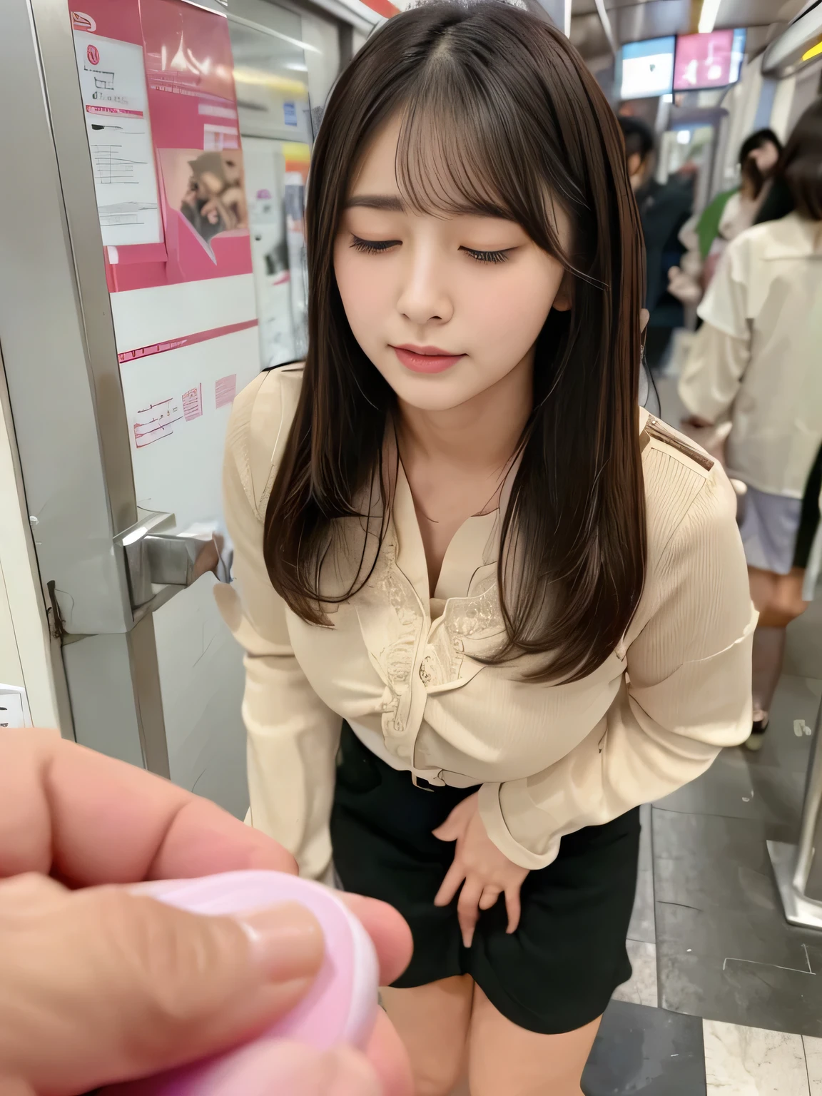 Vibrator prank on the train、Woman on the train,She leaned forward.,(She closes her eyes),she yawns, Many passengers around、crowd、view outside the window、Hand holding a pink remote control outside the frame,She wants me to stop using the vibrator,Look here and plead、Embarrassed face、She puts her hand on her crotch,She is wearing fashionable clothes、White blouse、on the train、Fluffy medium hair、Pure erotic face、(Masseter muscle area:1.3)、(8k、Photorealistic、RAW Photos、Highest quality: 1.4)、(One Girl)、Very beautiful face、Very beautiful face、Very beautiful face、(Very realistic face)、(Brown hair、Fluffy medium hair:1.3)、Very beautiful hairstyles、Very realistic eyes、Very beautiful details、(Extremely realistic skin)、Very beautiful skin、absurdes、Very attractive、Ultra-high resolution、surreal、High definition、Golden Ratio、Golden Ratio、Golden Ratio、beauty、beauty、beauty。