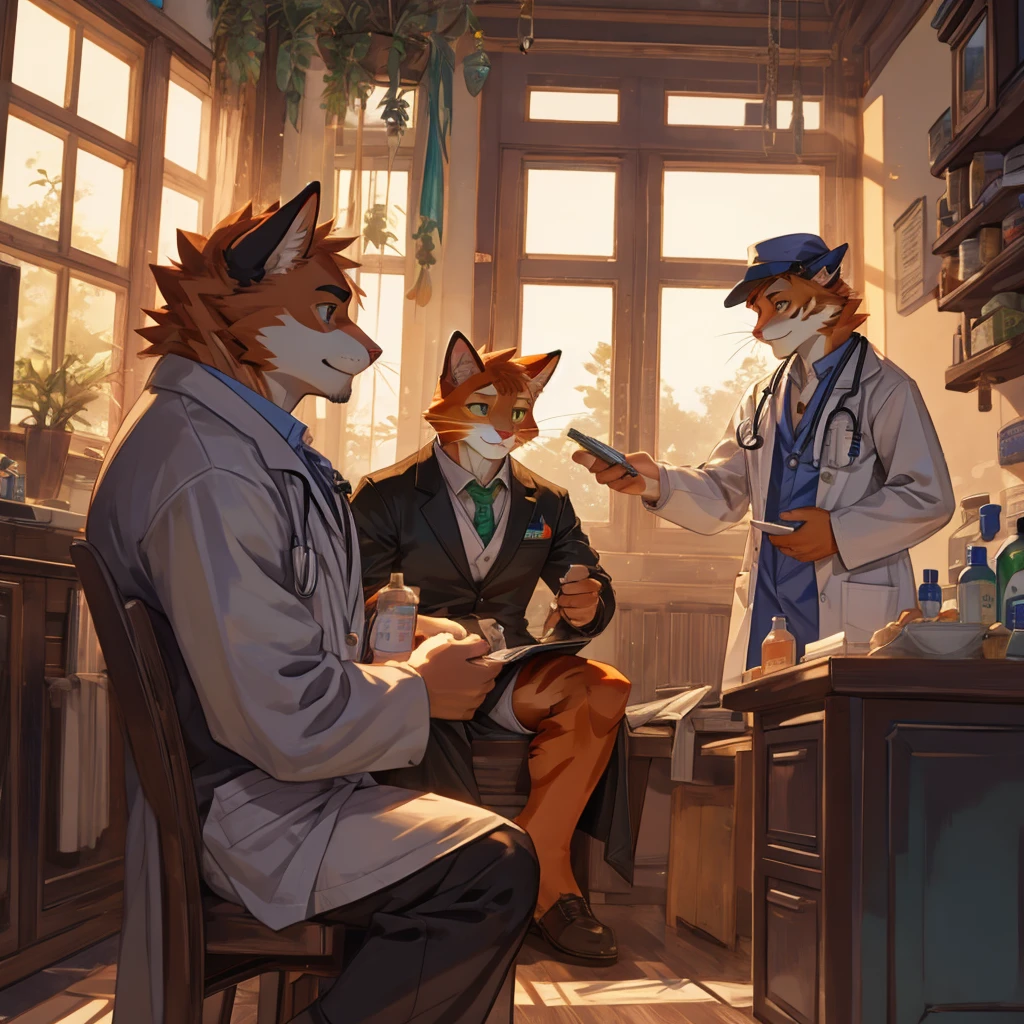 Orange cat, male, doctor, waist respectively have red, green, purple three medicine bottles
