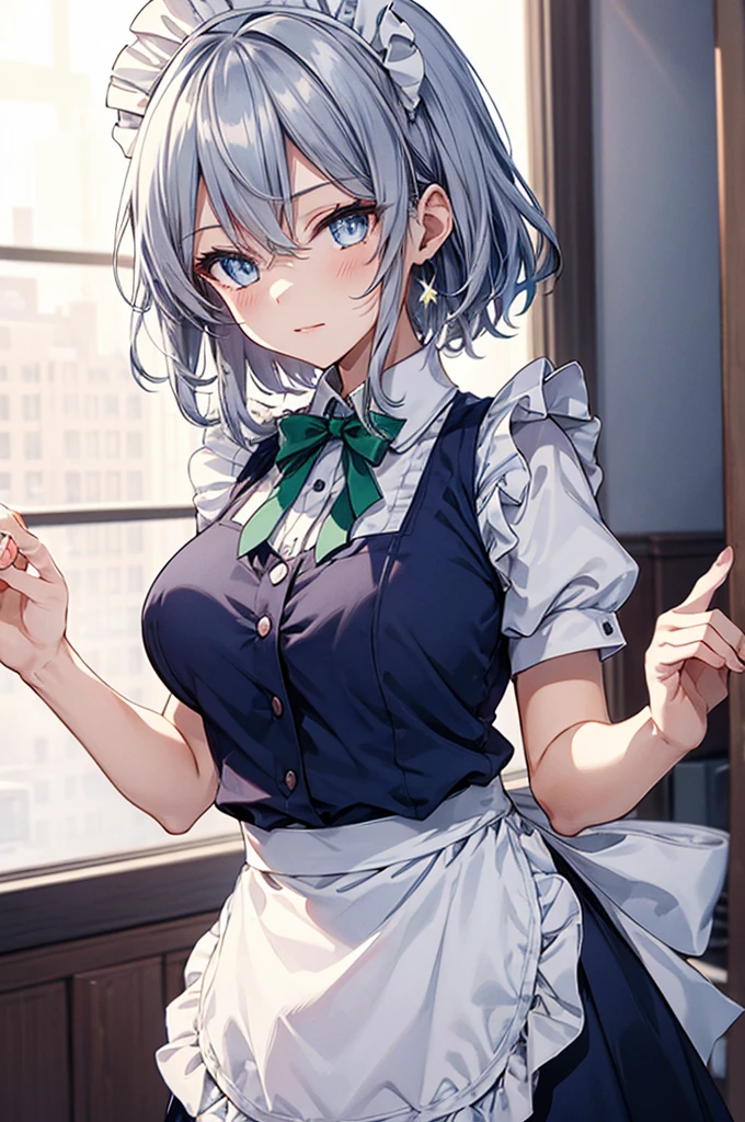 1girl, solo, touhou, izayoi sakuya, medium breasts, maid, white shirt, puffy short sleeves, frills, white maid apron, maid headdress, blue dress, green bowtie,masterpiece,Noise Reduction,perfect anatomy,high resolution, ultra-detailed, ultra-detailed face,game cg,dutch angle ,beautiful detailed eyes,visualart,five fingers, perfect hands, perfect lighting, sparkling pupils,