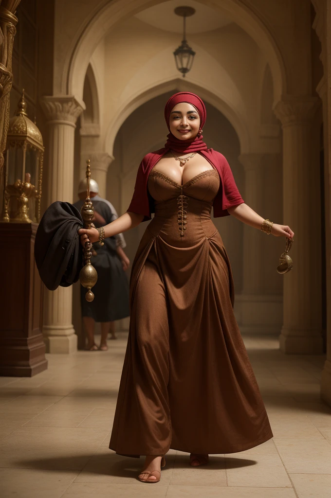 A beautiful, Busty Aishwarya rai as pirate lady, mature athletic curvy figure, ((Wearing hijab)), ((full head to toe image)), ((full body)), Day scene, close up photo of a sexy Indian maid, cleaning floor in a palace, big cheeks, super stylish dress with wide open breasts, accessories, earrings, necklace, erotic face, look at viewer and smile, (cinematic:1.3), intricate details, (ArtStation:1.2)