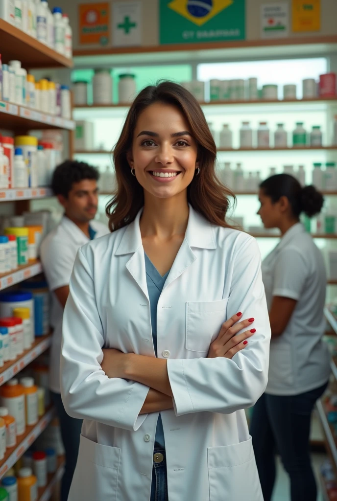 Woman in lab coat at Brazilian pharmacy