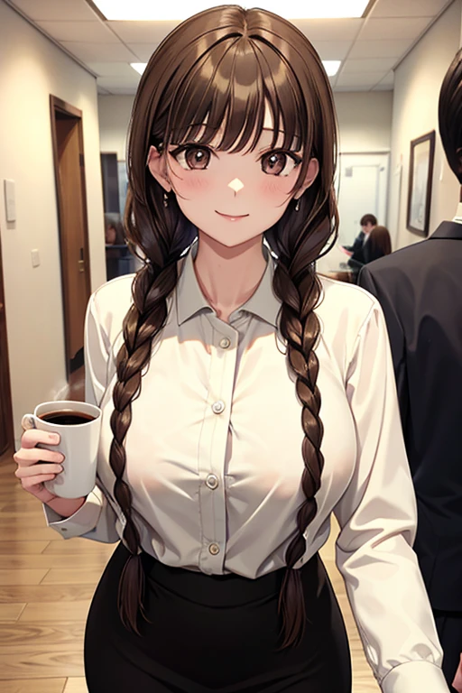 Yuno Shimazu、Shiny brown hair,Long Hair,  、((2 braids:1.5、Hair that falls over the shoulders)),Beautiful brown eyes、Sparkling eyes, Fine grain、smile、Ultra-detailed eyes、Highly detailed face, Highly detailed eyes,Cowboy Shot、

 
Only one female, Walk slowly, office worker, Dress shirt, Pencil Skirt, Mature Woman, /(Brown Hair/) bangs, 軽いsmile, (Masterpiece Top quality:1.2) Delicate illustrations, super detailed, Big breasts BREAK Holding a coffee cup BREAK (Modern office indoors), Detailed Background