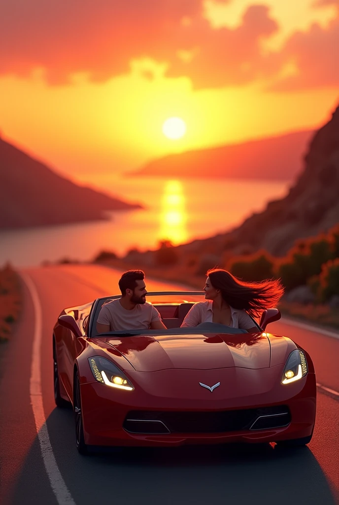 Convertible(Drop Top Coupe)Against the backdrop of、I will draw a scene with a beautiful view of the setting sun.。The car is driving on the road、They are arranged to symbolize freedom and adventure.。inside the car、The two couples are seen having fun together.、It gives a sense of love and intimacy。Outside the car、The wind flutters my hair、Set the overall atmosphere to be romantic.。A warm orange and pink sunset spreads in the background.、We create a fantastical world where dreams and reality intersect.。