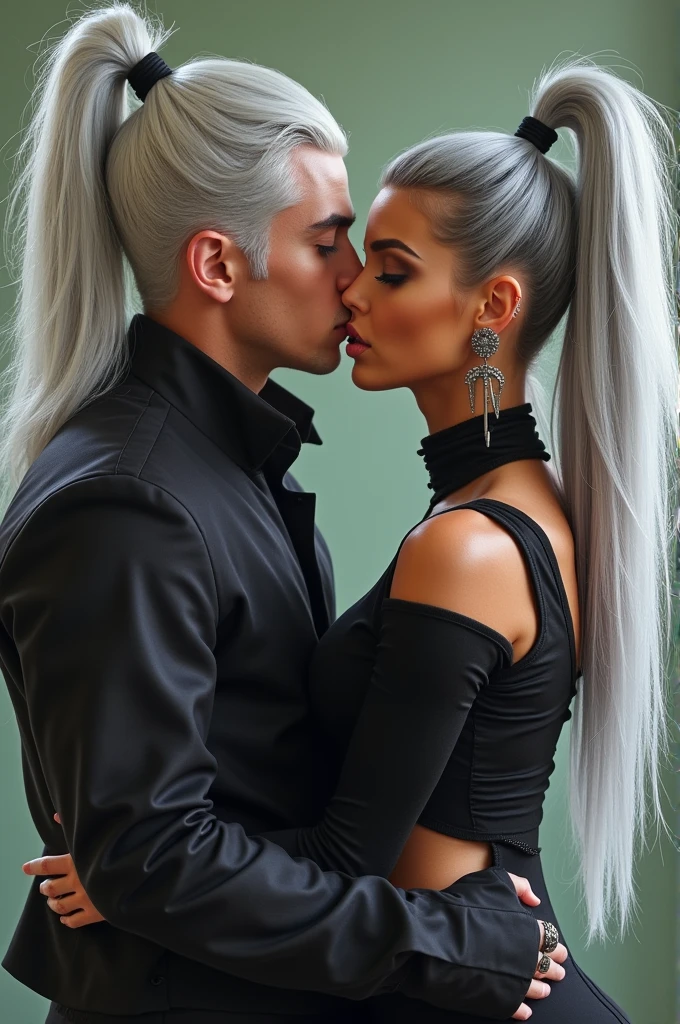 Goth Kim Kardashian with high silver ponytail and gelled silver hair with her boyfriend Goku Super Saiyan hairstyle sucking his penis and grabbing his hair
