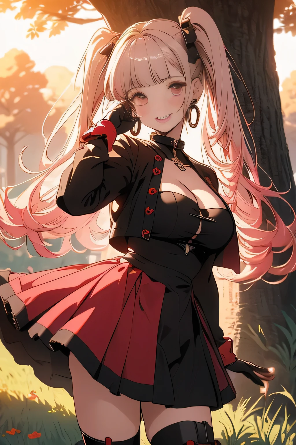 (8k,High resolution,masterpiece, accurate, Anatomically correct, Winner of numerous awards, 最high quality, High-resolution model, high quality, High detail, Very detailed:1.3)One person, girl,red eye(Big eyes)(Drooping eyes)
(pink sexy lips:1Blushing,Hilda Hopes, smile,View your viewers, Hair Bun,blonde,Twin tails,dress, Red gloves, boots, Hoop Earrings,Large Breasts, (Clearassland a:1.0)(under the big tree)red and black dress,mini skirt
