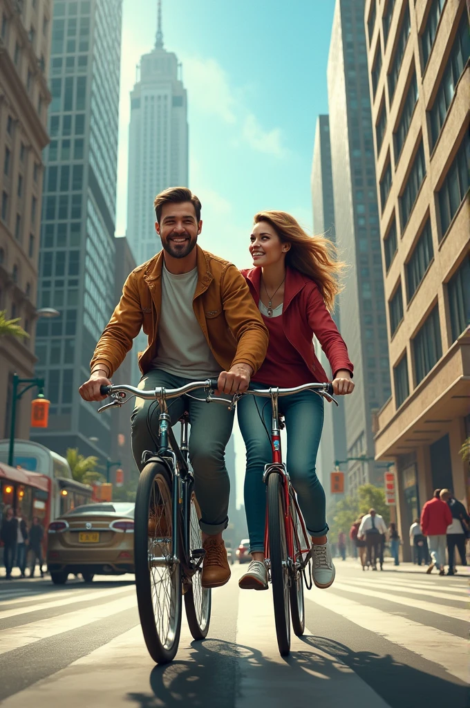Man and woman ride on bike in street hyperrealistic
