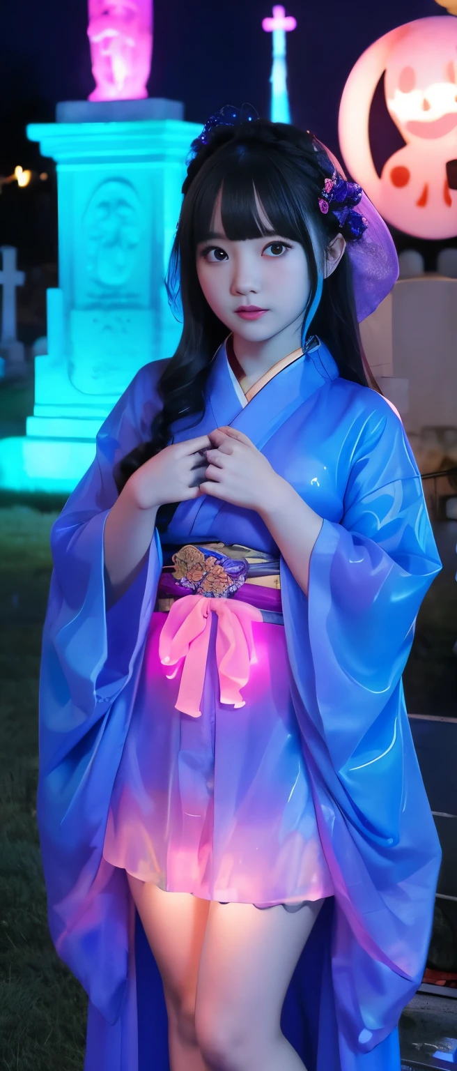 Cute Ghost Idol Girl、whole body、Good style、、、、、、、、、、Thick legs、Jellyfish-covered kimono dress（fluorescent blue and pink）、Cool girl face、、、A graveyard glowing at night