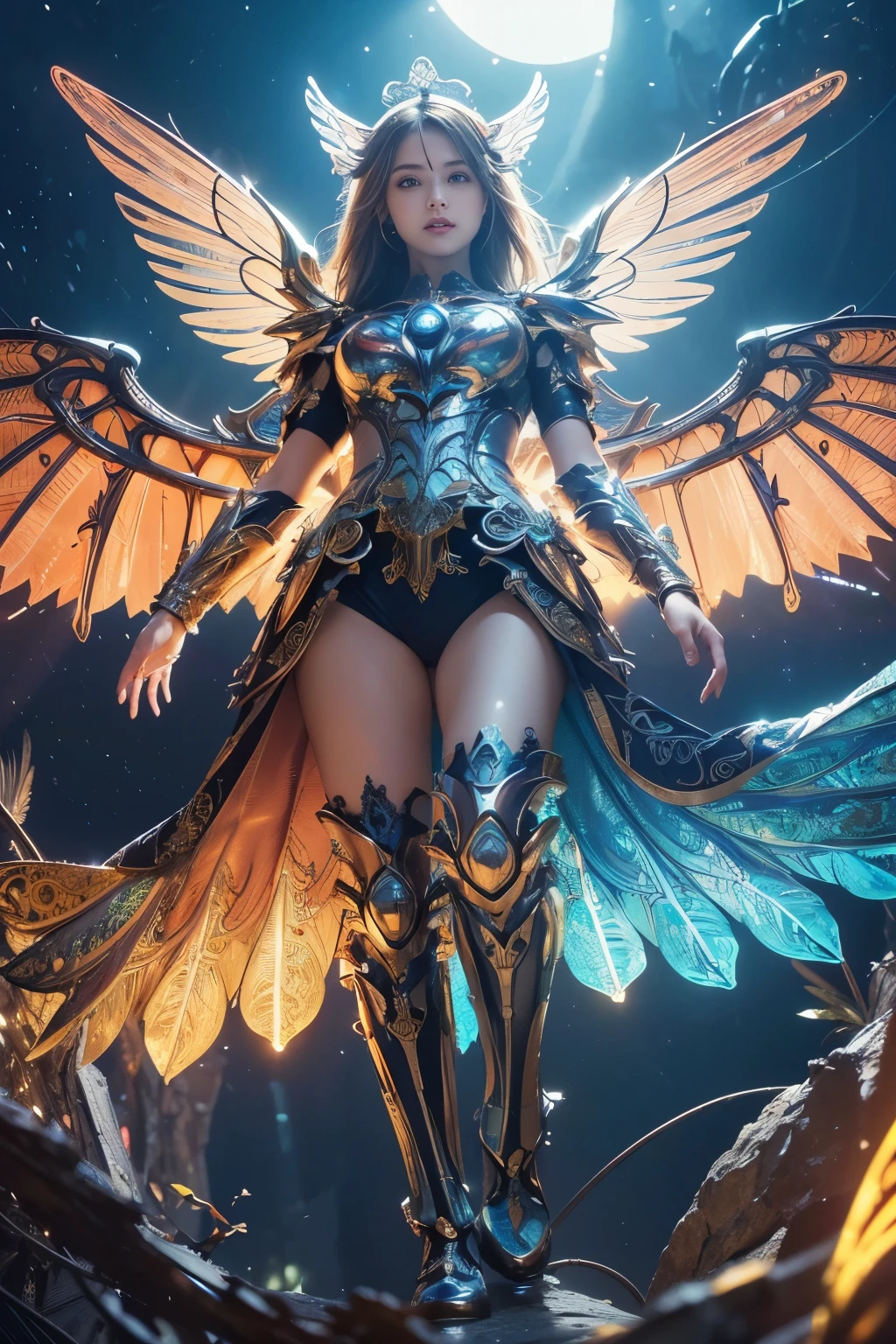 (best quality, masterpiece, colorful, dynamic angle, from below, highest detailed)upper body photo, full body photo, fashion photography of cute mechangel, glowing 4 wings, solo, glowing armor, glowing halo, building, glowing mechanical 4 wings (intricate details, hyperdetailed:1.15), detailed, light passing through hair, (official art, extreme detailed, highest detailed), HDR+