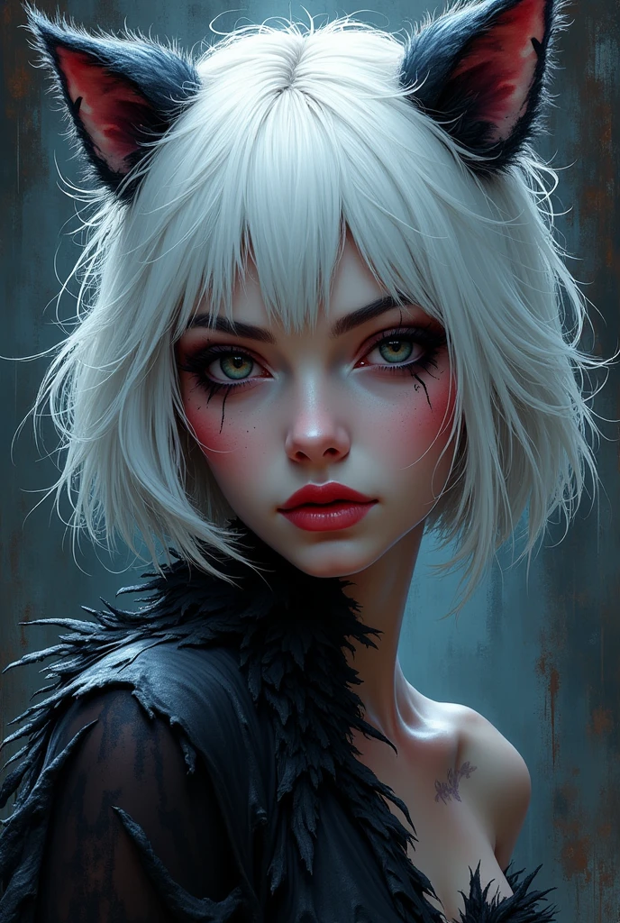 splash art, a quirky liquid portrait of a hauntingly beautiful dark werewolf woman, splash style of paint, Pixar style, Halloween colors, hyper detailed intricately detailed, fantastical, intricate detail, splash screen, liquid, gooey, slime, splashy, fantasy, concept art, 8k resolution, masterpiece, melting, complex background, intricate detailed, dark colors, fantasy, concept art, digital art, intricate, oil on canvas, masterpiece, expert, insanely detailed, 4k resolution. women with short and long white hair, attractive beauty,
works by Greg Rutkowski, elegance, dynamic lighting, spectacular lighting, high detail,
digital coloring, 8k, erotica with a clear focus, big tits, porn models, stripper, full face,
without underwear, full height, various hairstyles, bust, Phosphorus, Bright colors, Micro Bikinis,
Thongs, Futurism,Masterpiece, Beautiful art, professional artist, 8k, art style by sciamano240, rostro de Bronya Zaychik, detailed body, Very detailed face, Detailed clothing, detailed fabric, Best Quality, better resolution, 1 girl, front view, pose sexy, big breasts, serious expression, city background, at night , silver hair, choker:1.6, (long sleeve white collar buttoned shirt), (shiny black corset), black gloves covering your hands, (shiny black miniskirt), looking at the viewer,