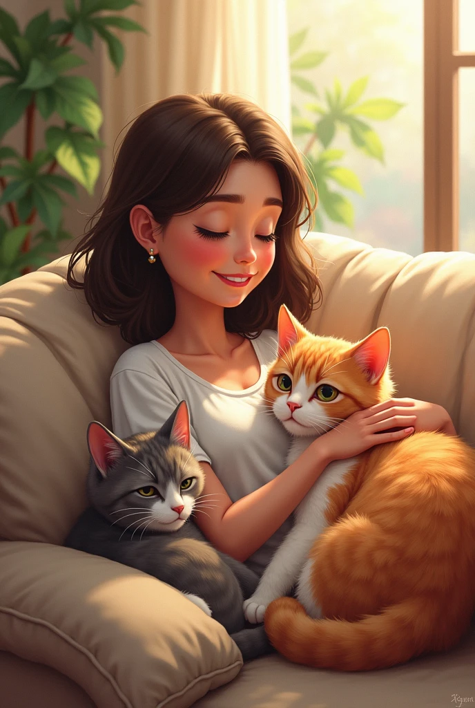 Cats on a couch with a happy woman