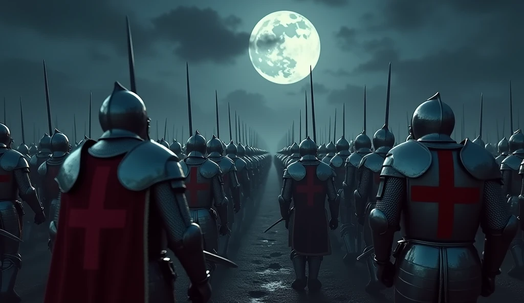 A highly realistic, high-contrast, 8K HD, detailed, hyper-detailed scene where the knights from the provided image, wearing steel armor with red crosses on their tunics, are advancing under a dark night sky. They are moving towards an enemy army of knights clad in full silver armor, without any emblems. The moon and stars cast a cold light over the battlefield, illuminating the polished armor of both forces. The atmosphere is tense and foreboding, with the sound of armor clanking as the knights march forward with swords drawn. The dramatic lighting captures the glint of steel and the determination of the advancing knights. The image is of the highest quality, with ultra-high resolution, RAW photo quality, and Unreal Engine rendering, depicting the powerful and ominous approach of the knights as they prepare for the clash.
