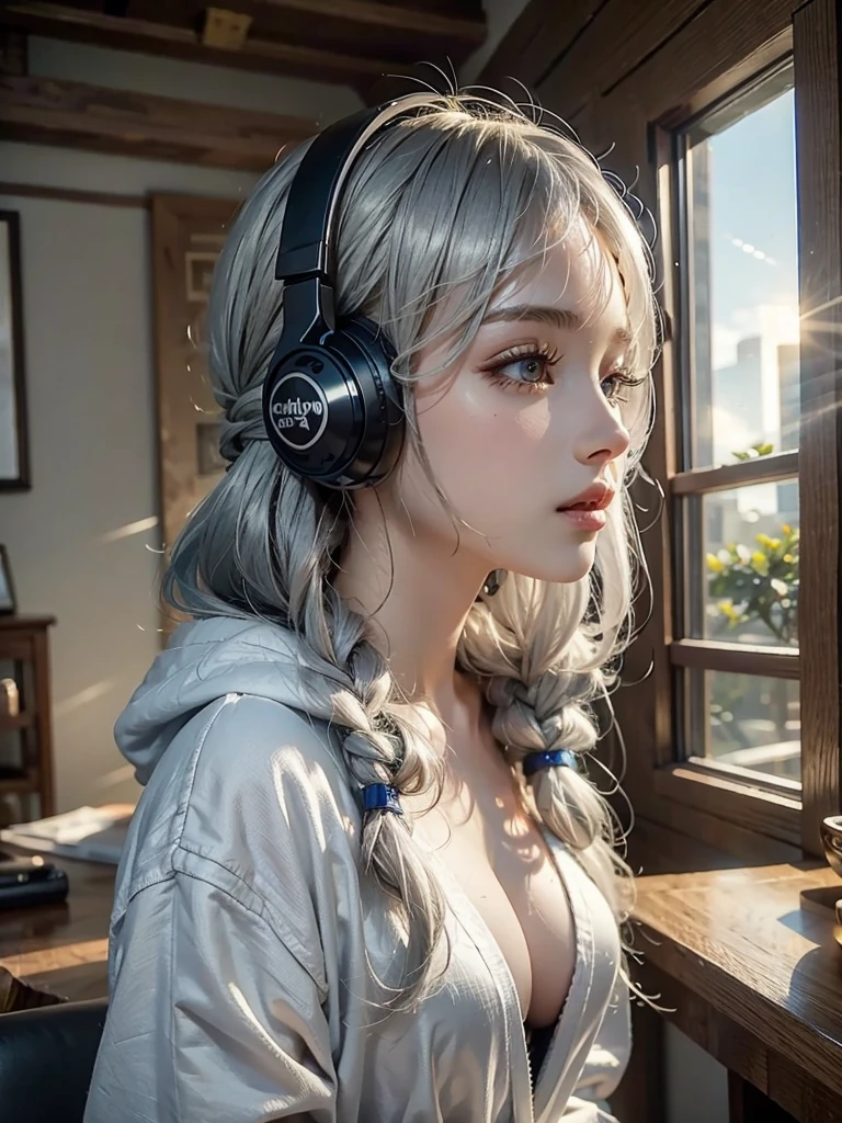 ((face, style)).((masterpiece:1.5))((1 girl, alone、Woman wearing giant headphones:1.weat、Detailed face、Big Eyes、small breleavage、ot, Best Looks、Ultimate beauty、Shiny silver hair with highlights、Modern Hairstyles))(night、indoors, dark room, pc)Please look away from here、Beautiful profile, Wearing Headphones, naked hoodie