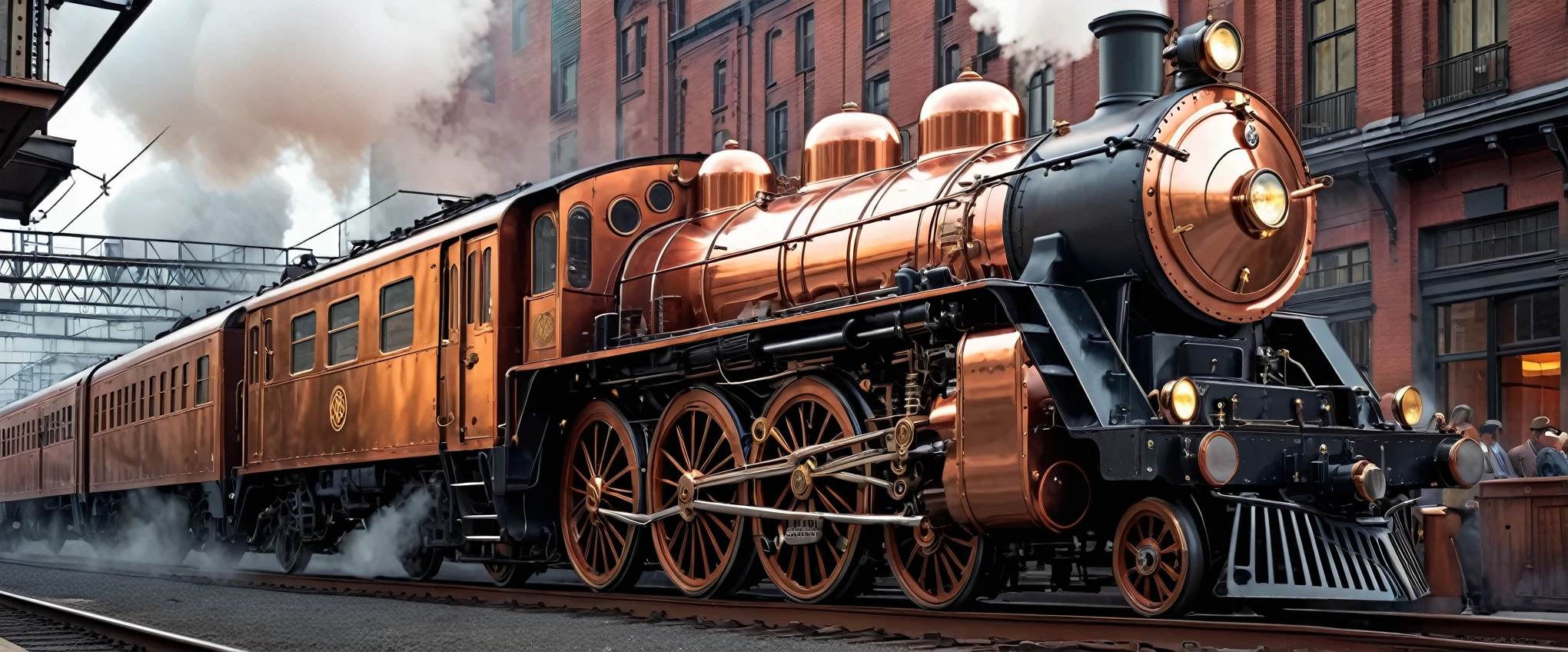 Fifties shiny copper colored, train steam punk, The beautiful, City, concept-art, Draw one, Fantastical, 4K, hyper HD, high high quality, hot topics at at station headquarters, 8k ultra high definition, Studio quality, ultra real photo, max detail, massive scale, Post-processing, current, photo-realism, Photoshop, photography, Ray traching, Rendered by Octane