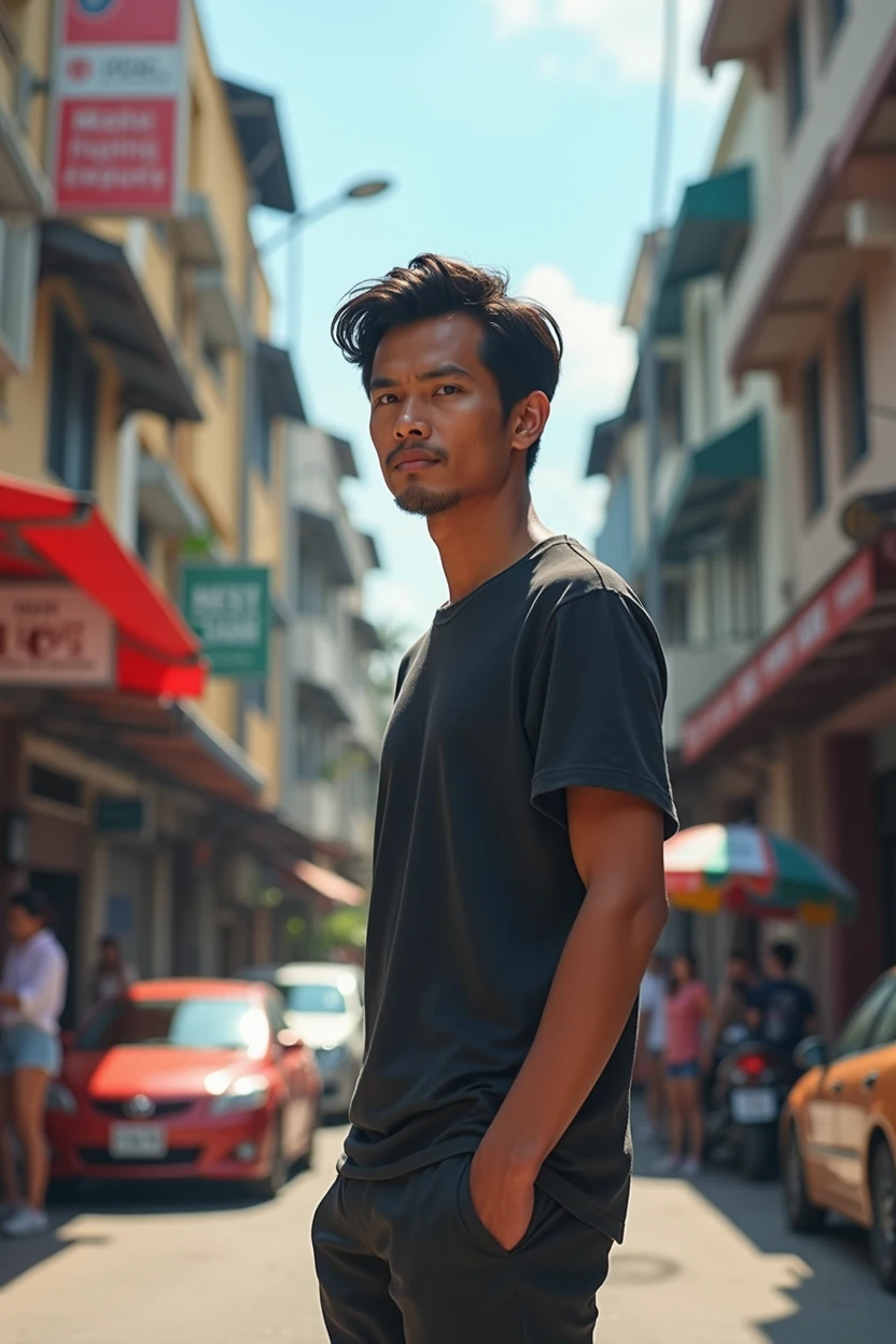 (photorealism:1.2), indonesian man, black hair, standup on the way, street background with cars and other people, day light, relaxed pose, realistic, intricate details, contras color