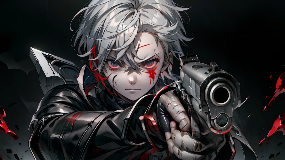 、Upper Body、Gray Hair、Photograph from the front、gun、Pointing the gun this way,Covered in blood、Clothes full of scratches、((Scarred Face))、Red-black eyes、Detailed eyes、Scorched black clothes、((Detailed hands))、high resolution、Detailed picture、Beautiful painting、Cold look、Pitch black background。