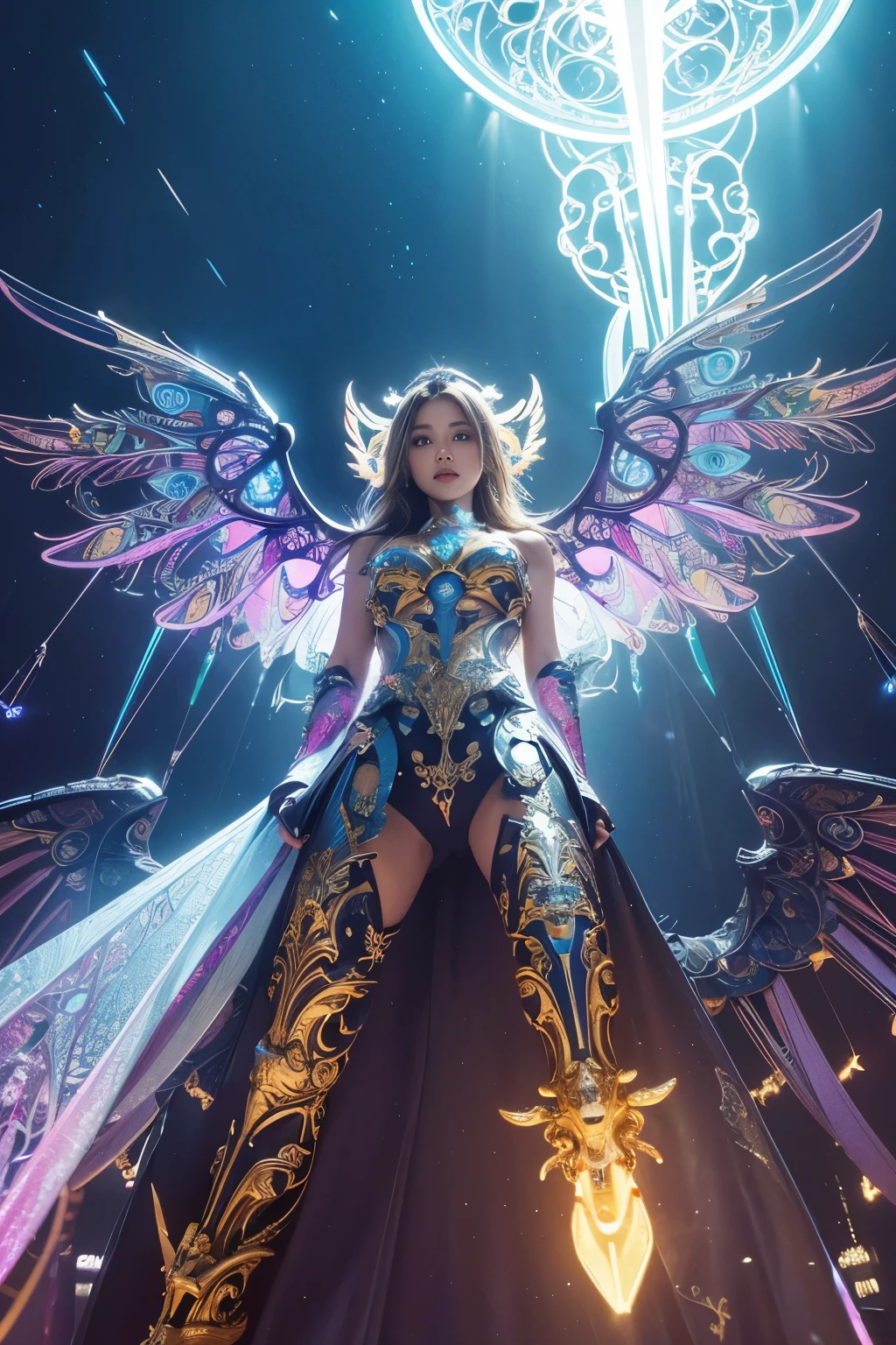 (best quality, masterpiece, colorful, dynamic angle, from below, highest detailed)upper body photo, full body photo, fashion photography of cute mechangel, glowing 4 wings, solo, glowing armor, glowing halo, building, glowing mechanical 4 wings (intricate details, hyperdetailed:1.15), detailed, light passing through hair, (official art, extreme detailed, highest detailed), HDR+