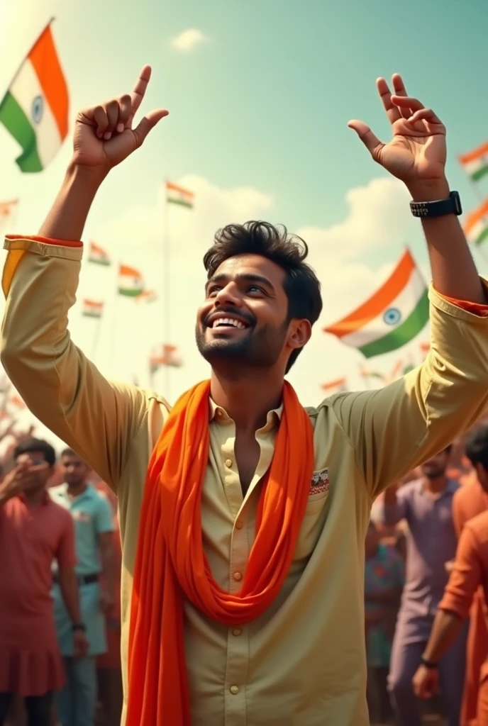 "Generate a real-life image of a 21-year-old (/boy) joyfully celebrating Indian independence Day. The individual is dressed in traditional Indian attire with the name' SUDHEER GOUD' prominently displayed on their clothing. The sky above them features the words 'Happy independence Day' in a blood font. The background is alive with a crowd of people celebrating, creating a vibrant and patriotic atmosphere".