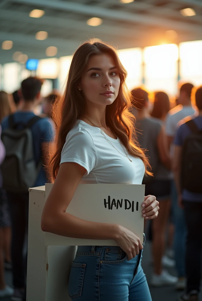 detailed, concentrated, Professional lighting, Very beautiful women, airport, long hair, curve body, white t-shirts and jeans, Full body image, Take a crowded line, Standing in the airport waiting for somebody, Holding the large papper with text HANDI, Crowded inside the airport, Surrounded by men and women, the lights from the window on her face.