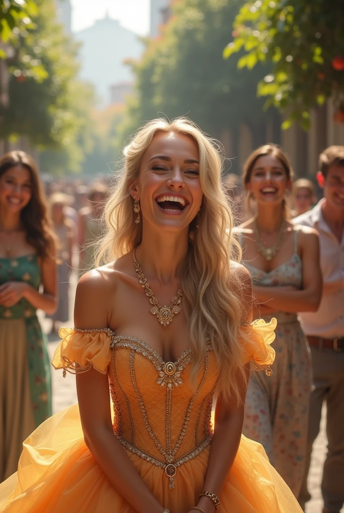 Moments of Enchantment: Capture a spontaneous moment of laughter and fun, where the woman is clearly charming and attracting the attention of others around her, princess