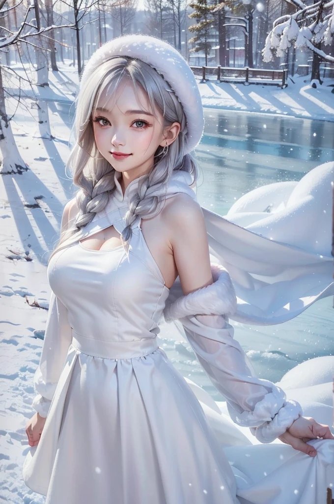 masterpiece、Highest quality、1 girl, winter, silver hair, Cute girl, smile, close mouse, large breasts, sideboob:1.4, white dress, winter clothes, long skirt, Fur coat、Small waist、Thin legs、outdoors, front of the lake, snow falling, Prayer Pose, join hands, from front