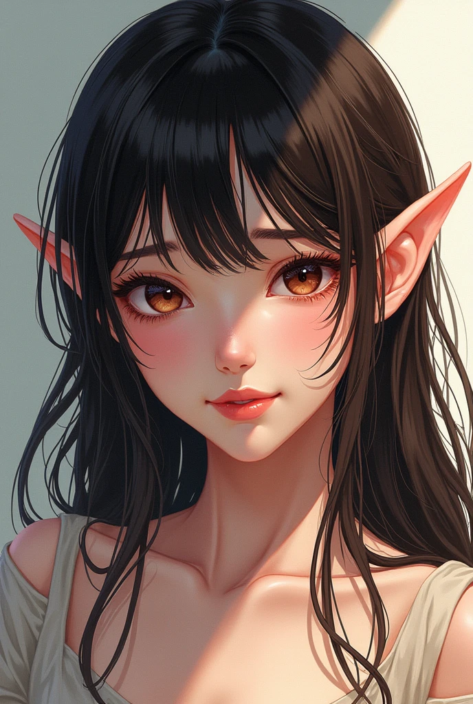 The actress has dark brown hair and is a manga girl with pointy ears.