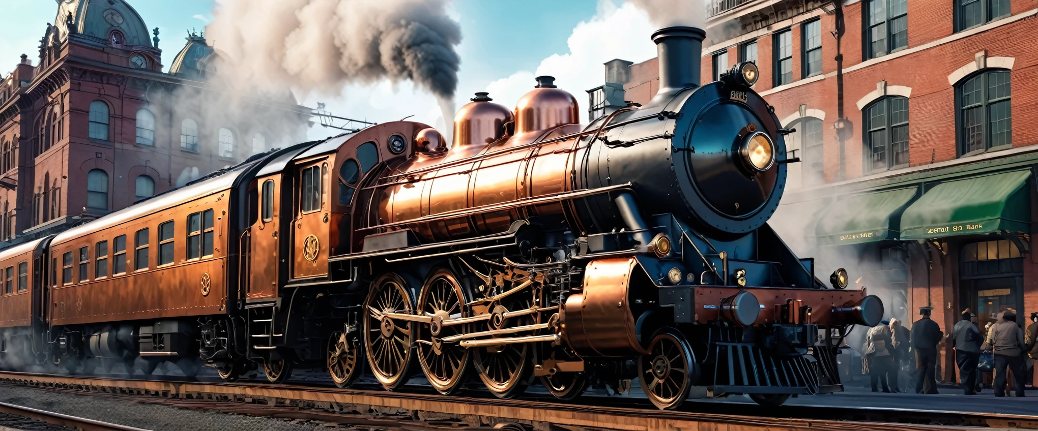 Fifties shiny copper colored, train steam punk, The beautiful, City, concept-art, Draw one, Fantastical, 4K, hyper HD, high high quality, hot topics at at station headquarters, 8k ultra high definition, Studio quality, ultra real photo, max detail, massive scale, Post-processing, current, photo-realism, Photoshop, photography, Ray traching, Rendered by Octane