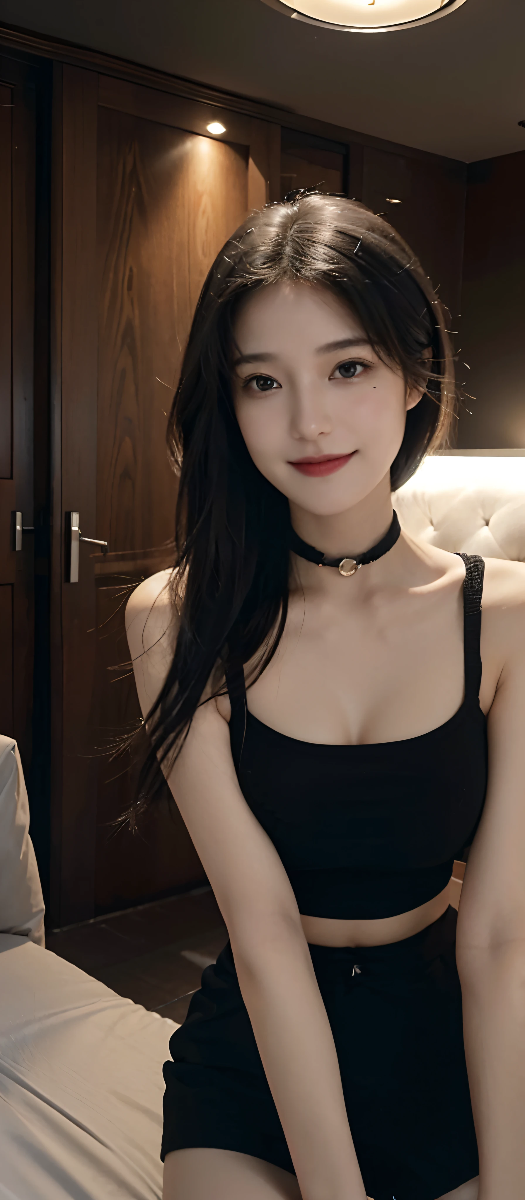(Practical, high resolution:1.3), (Close-up of face), 1. Girl in perfect shape, The face shape and eyes are super beautiful, Black Hair, Long hair, Vest: 1.2 random colors, Short skirt, indoor, Large Breasts, nipple, Necklace, Smile