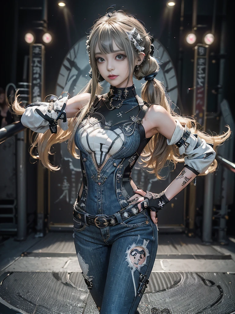 (Full body image:1.4)、(Side view:1.1)、(Smiling with teeth showing:1.3),(Shibuya Gal:1.5)、(Gothic style fashion:1.5)、(Punk rock visual kei:1.5)、(Wearing a rhythmic gymnastics bodysuit with intricate details:1.4)、(Elaborately decorated white racing suit and pants, Denim and Charcoal:1.5)、(Denim and light blue and white boots:1.3)、((belt))、(A number of subtle logos are featured throughout the costume々:1.4)、(collar:1.3)、(Striped underwear:1.5)、20-year-old、Browsing Caution、((Highest quality、In 8K、masterpiece:1.3))、Sharp focus:1.2、(Layered Cut、Huge boobs:1.1),Beautiful woman with perfect figure:1.4、(Dance vigorously:1.3)、Slim Abs:1.2、Highly detailed face and skin texture、Detailed eyes、double eyelid,(Twin tails:1.3)、(Brownish golden hair:1.3)、Idol Sculpture、(The background is the stage for a fashion show:1.3)、(The body is slim:1.3),(Slimming your legs:1.4),(clavicle:1.1)、(Thin and slim thighs:1.3)