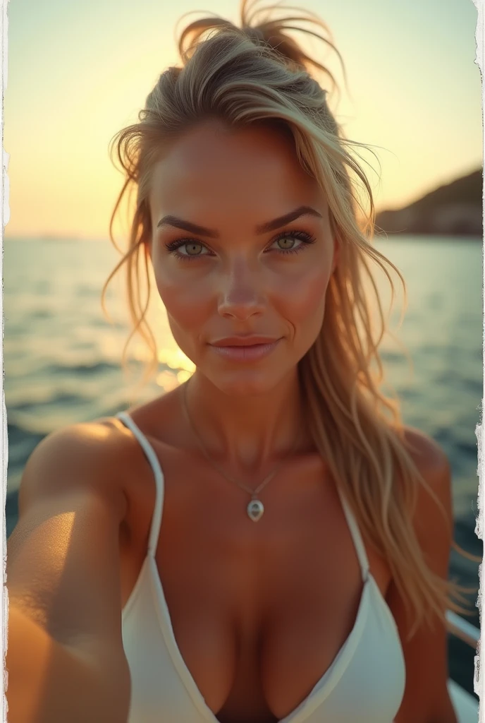 selfie, dusk, hair ponytail, Polaroid, Kodak portra 400, dof 85mm, beautiful (blonde) European woman, in her 30s, standing on a yacht, (during dusk:1.6), golden hour, wearing white thong string bikini, thick body and thighs,