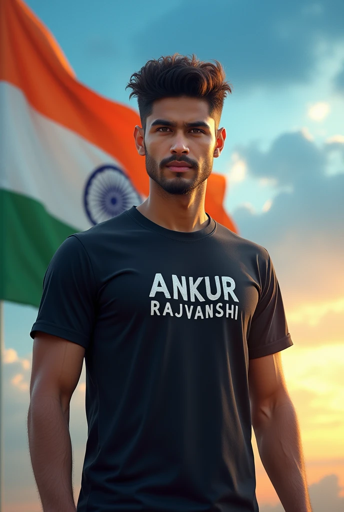  One Army boy black tisart pahne ho jisper name "ankur rajvanshi" ka logo ho indian flag backgroundand sky
