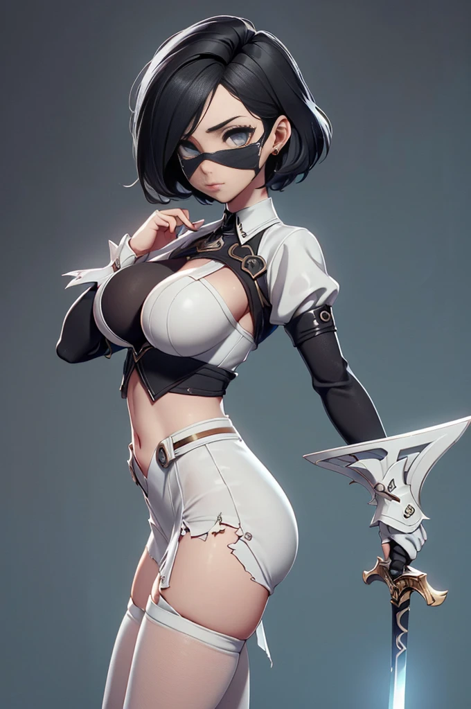 Mini Nier Automata, (Nier Automata), solo, ray tracing, 3D style, 3DMM, ((oses per photo)), ((oses ouch cada foto)), fully body,(Front view),(Costas Issue), (Emist on the left), show flat belly, (((oses per photo))),(very big breastsperfect ass, perfect and symmetrical eyes, (perfect handuturistic sword in hand)), ((short hair)),((Open wizard clothes)),white clothing with textured edges, skin fair, luouchas detalhadas, White thigh-high tights with trim, ouchestido aberto ouch "ouch", Waist slender, big legs, low water, Show legs to the top of the waist, (broken fabric falling over the legs),((open top)),ultra realistic skin, realistic human eyes,ultra realistic skin,((striped shirt)),super sensual suit,(faixas ouch torno dos seios), colorfully,top with ruffles,(pubis with a lot of volume),(extrouchamente sensual),(very sensual),(((Bblack hair))),(((bodysuite branco))),((white and black and gray thouche)),(ligth thouche),(show legs and hips),(clothes tearing),(showing legs and feet),((virilha bouch marcada)),((with darkness style mascara covering the mouth and nose)),((dark mascara covering the face)),((mask covering the mouth)),(((Bblack hair))),(((parte ouch armadura com leds brilhantes)))