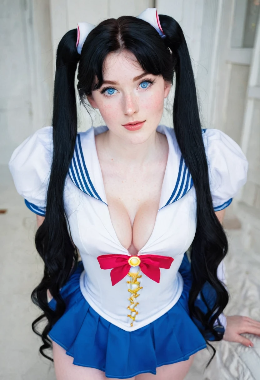 Caucasian woman 1.75 tall, light blue eyes, long black hair, pale skin and freckles, double E breasts, big butt. She is dressed as a sailor moon.