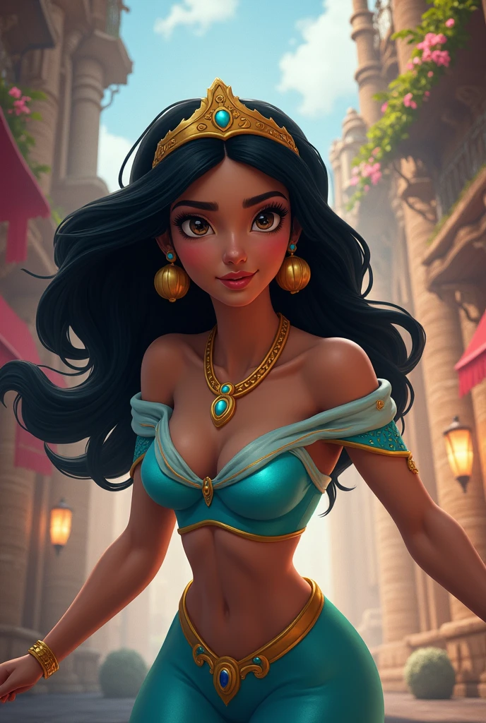 Stunning Princess Jasmine, photo in 8k, in action, cinematic.