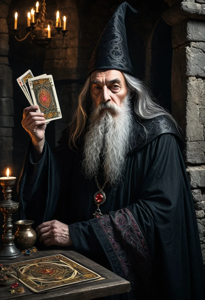 create a powerful and imperious old wizard, wearing a black cloak, with a long, gray beard and hair, A mysterious face, half-hidden by a shadow, carrying a ruby amulet and holding tarot cards in front of his face, Scene of a medieval castle dungeon, grimdark, with antique chandeliers and hyperrealistic imagery