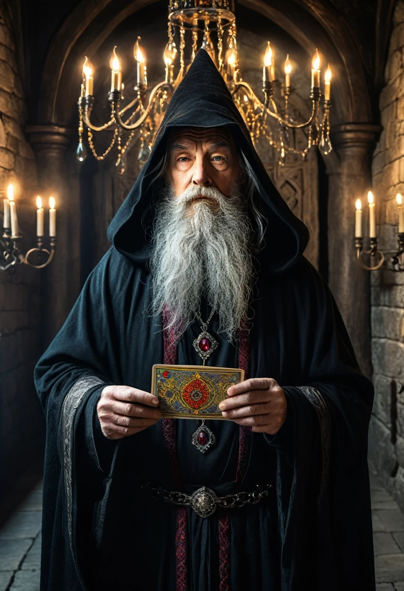 create a powerful and imperious old wizard, wearing a black cloak, with a long, gray beard and hair, A mysterious face, half-hidden by a shadow, carrying a ruby amulet and holding tarot cards in front of his face, Scene of a medieval castle dungeon, grimdark, with antique chandeliers and hyperrealistic imagery