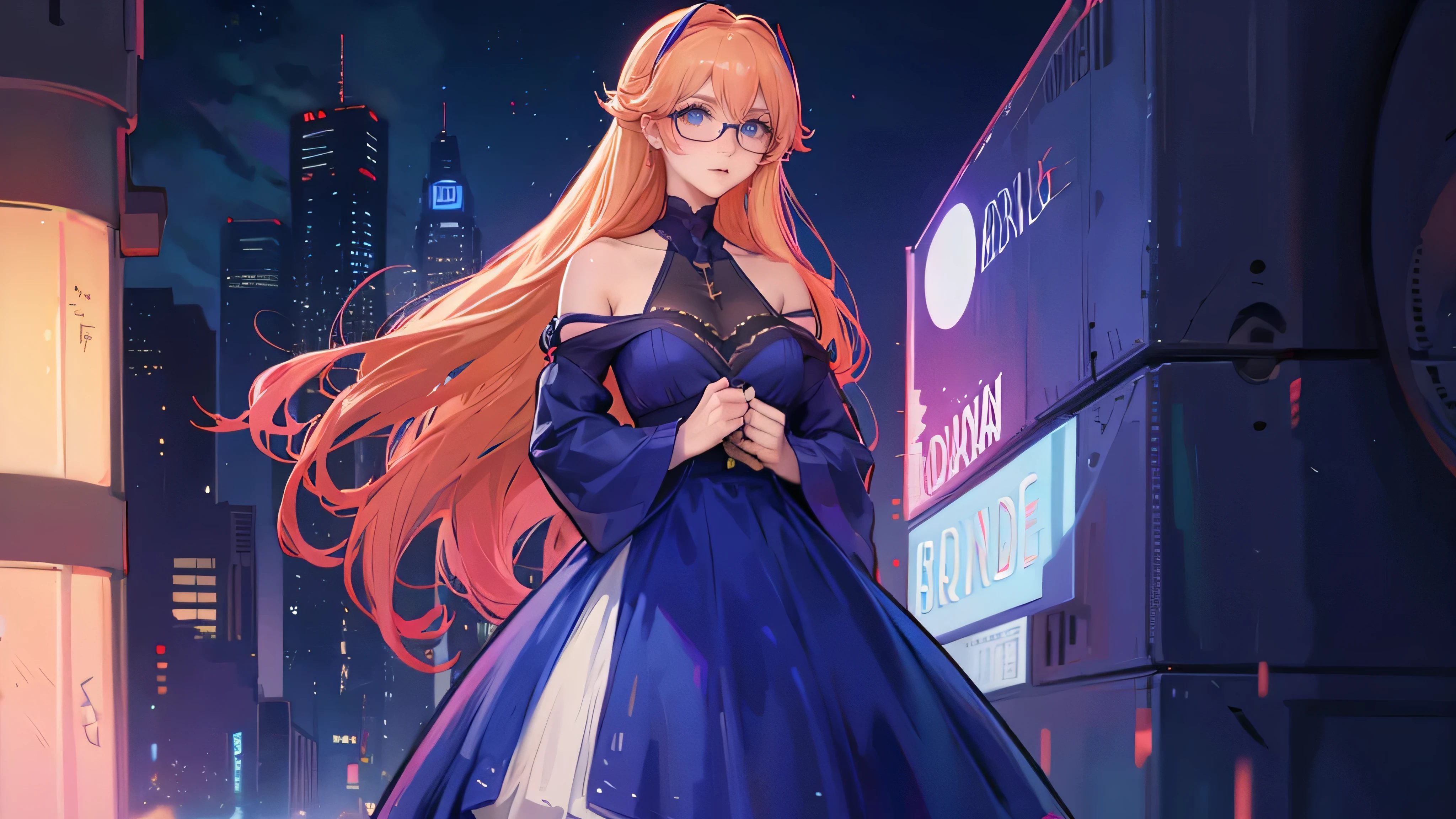 anime,An illustration,purple robot,Mobile Suit,Dom,Light blue check dress,Red glasses,Blonde,Light blue mesh hair,beautiful girl,Sora Sakurano,One person