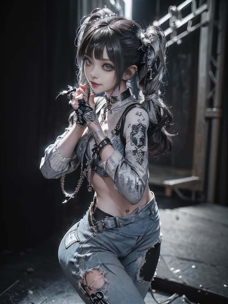 (Full Body View:1.4)、(Side view:1.1)、(Smiling with teeth showing:1.3),(Shibuya Gal:1.5)、(Gothic style fashion:1.5)、(Punk rock visual kei:1.5)、(Wearing a rhythmic gymnastics bodysuit with intricate details:1.4)、(Elaborately decorated white racing suit and pants, Denim and Charcoal:1.5)、(Denim and light blue and white boots:1.3)、((belt))、(A number of subtle logos are featured throughout the costume々:1.4)、(collar:1.3)、(Underwear decorated with silver accessories:1.5)、20-year-old、Browsing Caution、((Highest quality、In 8K、masterpiece:1.3))、Sharp focus:1.2、(Layered Cut、Beautiful boobs:1.1),Beautiful woman with perfect figure:1.4、(Posing as a gravure model:1.3)、Slim Abs:1.2、Highly detailed face and skin texture、Detailed eyes、double eyelid,(Twin tails:1.3)、(Black brown hair:1.3)、Idol Sculpture、(The background is the stage for a fashion show:1.3)、(The body is slim:1.3),(Slimming your legs:1.4),(clavicle:1.1)、(Thin and slim thighs:1.3)