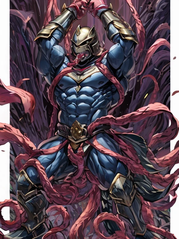 masked, Superhero, hero, strongest human, strong and robust male, savior, bound, subdued, unable to move, immobilized, tentacle, Armor, helmet, Tentacle entanglement, uniform, Wrapped around the body, Binding hands togethe, A gagged mouth, Foreign object invasion