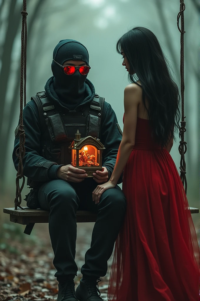 F.E.A.R Operative wearing tactical balaclava and red glasses. Sitting on the swing and holding children music box. A soul of near him in red dress and has tall black hair
