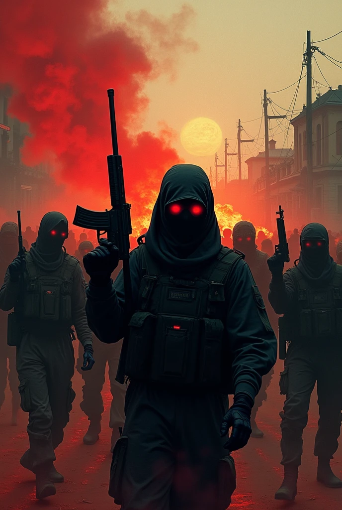 Generate an image in which 12 terrorist should by killed using gun