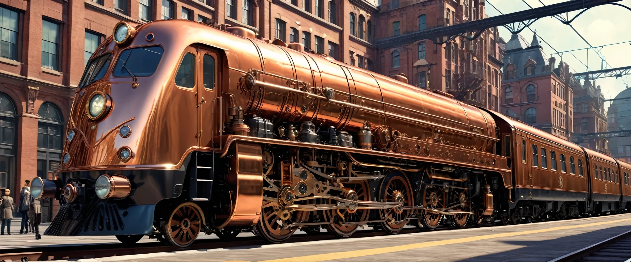 Fifties shiny copper colored, train,steampunk, The beautiful, City, concept-art, Draw one, Fantastical, 4K, hyper HD, high high quality, hot topics at at station headquarters, 8k ultra high definition, Studio quality, ultra real photo, max detail, massive scale, Post-processing, current, photo-realism, Photoshop, photography, Ray traching, Rendered by Octane