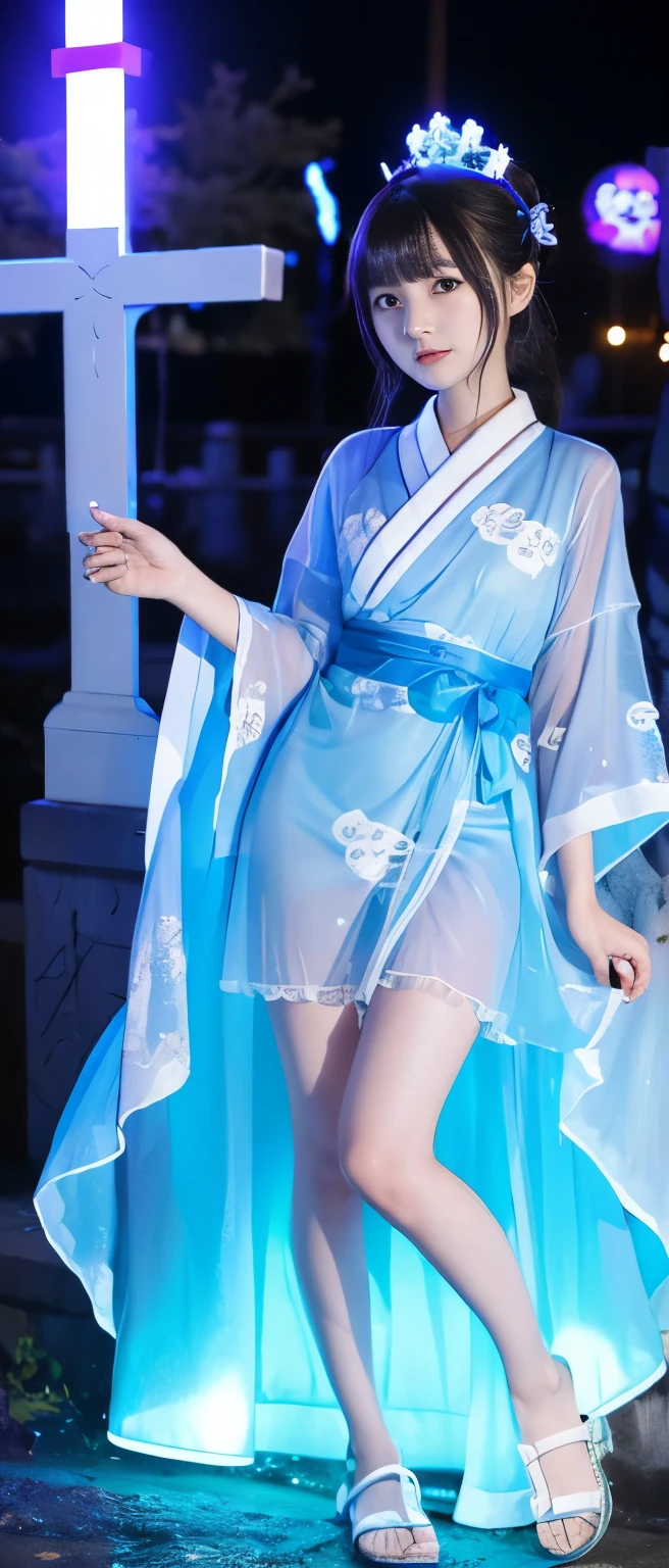 Cute Ghost Idol Girl、whole body、Good style、、、、、、、、、、Thick legs、Jellyfish-covered kimono dress（Fluorescent blue and white）、Cool girl face、、、A graveyard glowing at night
