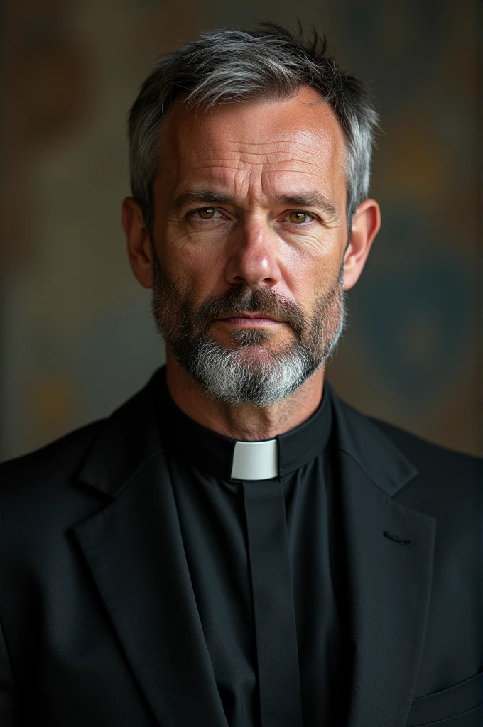 He is a 41 year old man. He is over 6 feet tall. He has short grayish-brown hair, a short grayish-brown beard, and dark eyes. He is well built despite his age, he's a priest, sharp, piercing eyes, well-sculpted, serious face. 