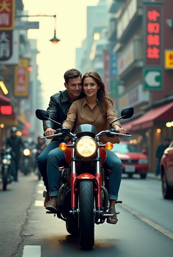 Man and woman ride on one suzuki bike in street hyperrealistic