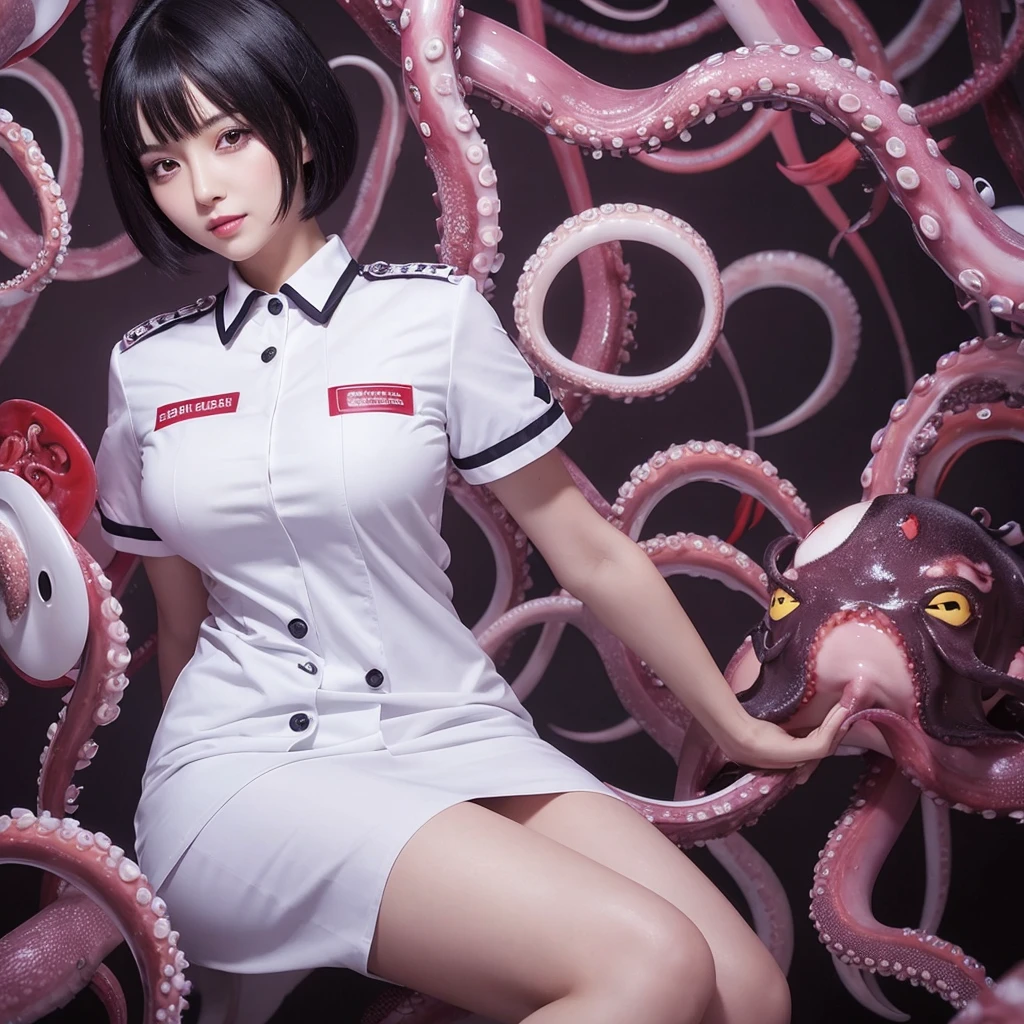 A beautiful woman wearing a shiny high-neck nurse uniform（20th Generation）A black-haired woman with short hair wearing an eyepatch with a heart on it, her lower body is octopus tentacles.