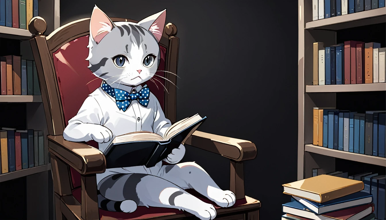 A chic cat, Black and grey stripes, Wearing a blue and white polka dot bow tie, Serious expression, Black background, expressionless, anime, best quality, The cat is studying at the library, The cat is sitting on the chair reading a book.