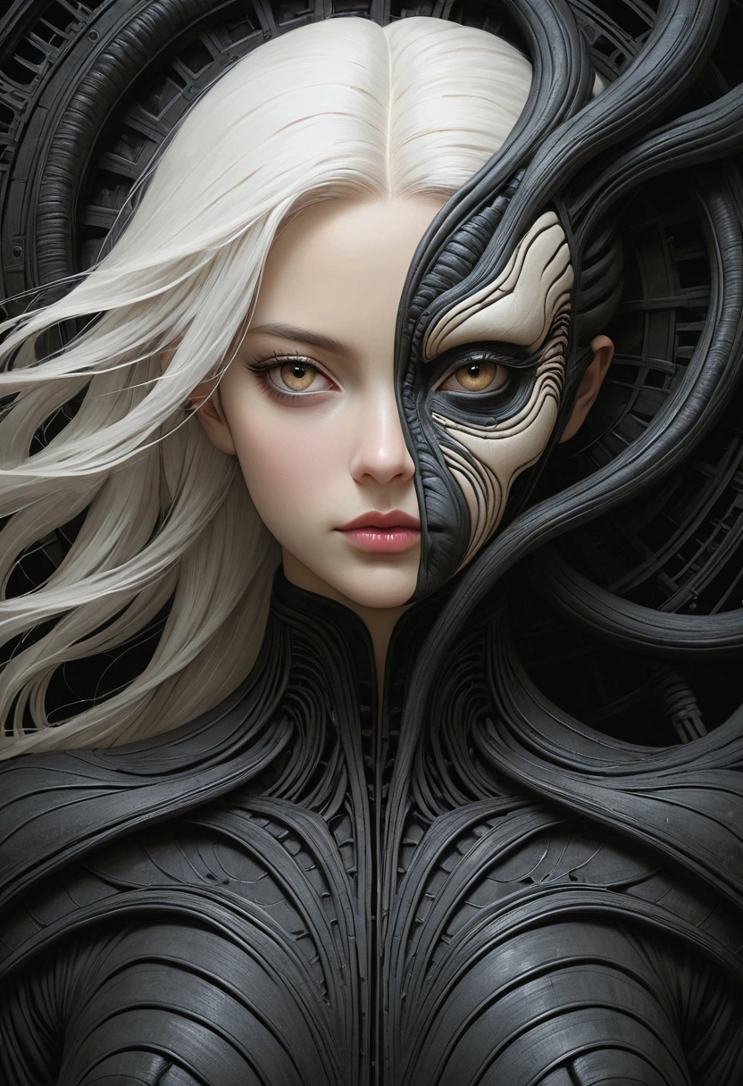 Beautiful woman,White hair,Gorgeous clothes,(Long hair like smoke):0.85,Confident expression,detail,16K,san francisco,complex的艺术杰作,Scandal,No Light Movie Poster,Golden Ratio,complex,epic,Created by Artgerm,H.R.Inspired by Giger and Beksinski,Highly fine-grained,Energetic,Making Film Character Renderer,Ultra-high quality model:1