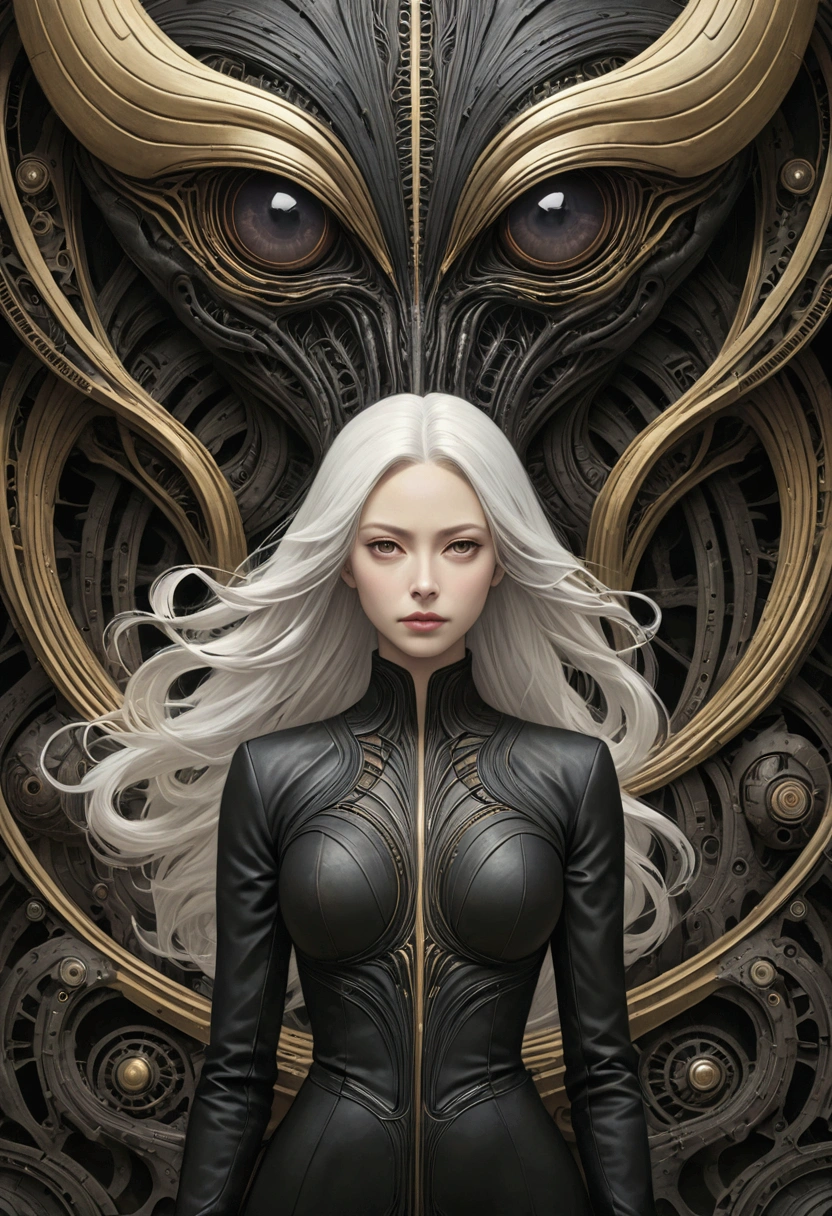 Beautiful woman,White hair,Gorgeous clothes,(Long hair like smoke):0.85,Confident expression,detail,16K,san francisco,complex的艺术杰作,Scandal,No Light Movie Poster,Golden Ratio,complex,epic,Created by Artgerm,H.R.Inspired by Giger and Beksinski,Highly fine-grained,Energetic,Making Film Character Renderer,Ultra-high quality model:1